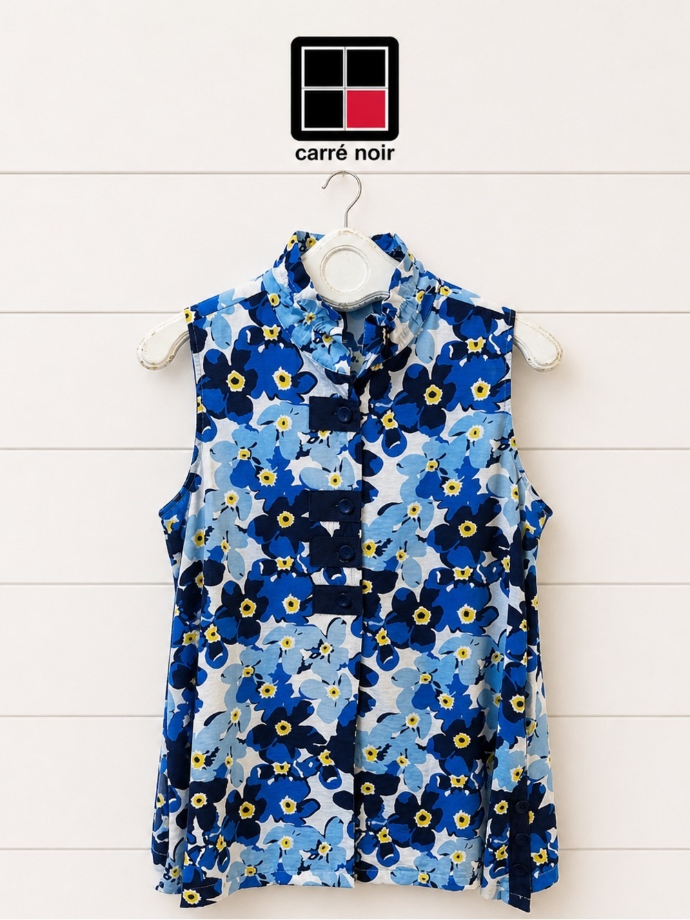 CARRE NOIR Blue Floral Structured Collar Sleeveless Blouse Size L